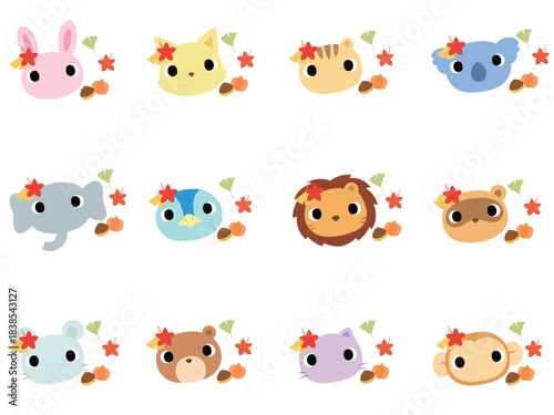 動物の顔　アイコンセット　紅葉