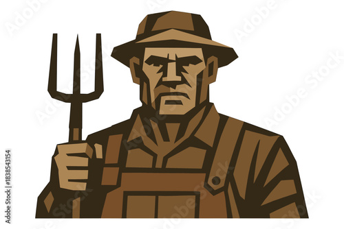Rustic farmer holding pitchfork in vintage geometric design