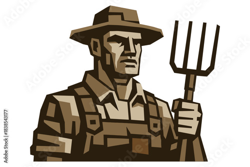 Geometric farmer holding pitchfork in rustic style art