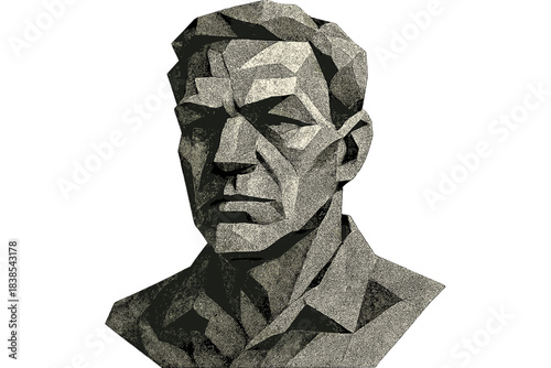 Geometric textured bust sculpture with angular features and shadow play