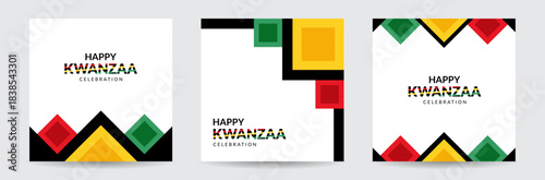 Happy Kwanzaa Celebration Poster and Social Media Card Set with Modern Geometric African American Culture Symbols in Red Green Yellow