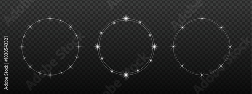 Three Glowing Circle Frames with Sparkle Effect on Transparent Background Vector Set for Light Border Design