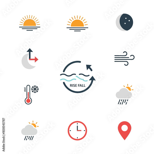 Weather Icons Set - Sunrise, Sunset, Moon, Wind, Rain, Temperature, Clock, Location.