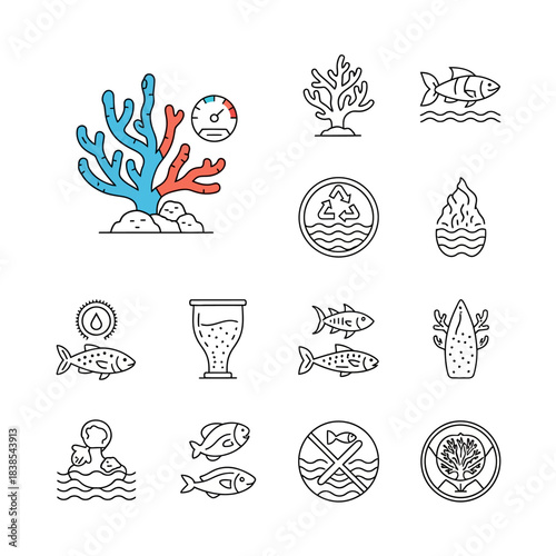 Marine life and ocean environmental issues icon set.