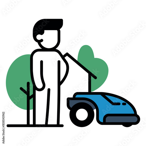 A person stands beside a robotic lawnmower in a green outdoor setting.