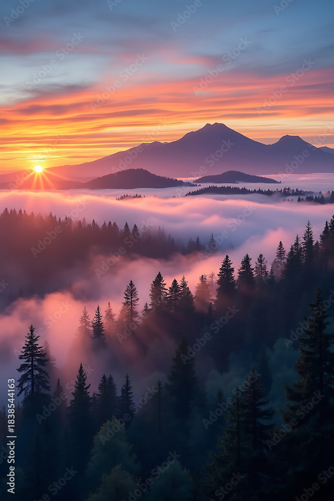 Obraz premium Sunrise Over Mountain Peaks A Breathtaking View of Foggy Forest Landscape with Vibrant Sky and Sunbeams in the Wilderness