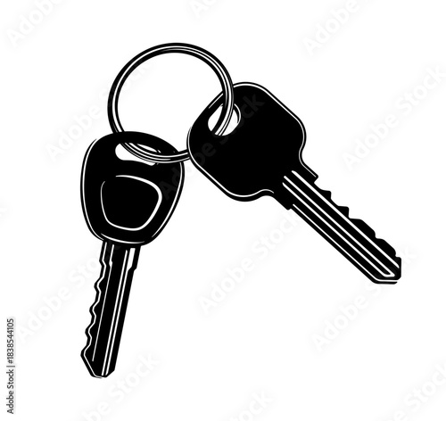 Black and white illustration of house and car keys on a keychain without background.
