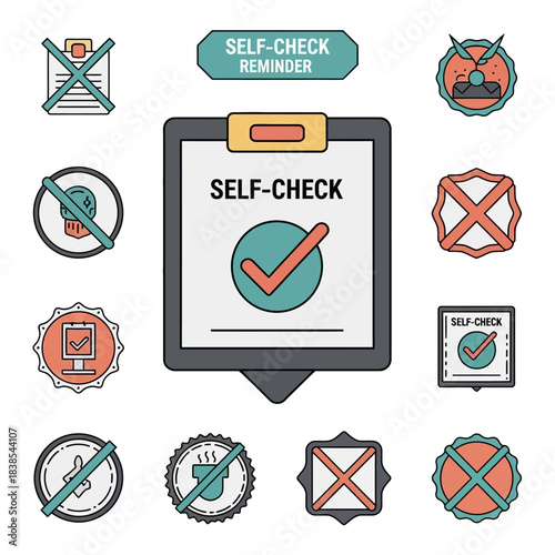 Self check reminder with various related symbols and icons for health and safety.