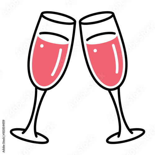 Two champagne glasses are raised in a celebratory toast with pink liquid.