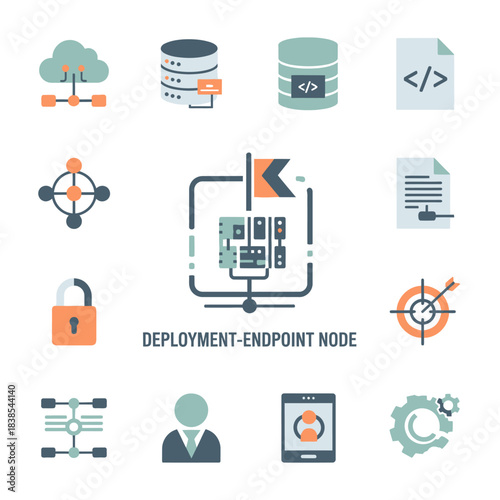 Set of technology icons for software deployment and data management.