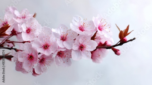 A branch of cherry blossoms displays light pink flowers with delicate petals. Springtime highlights the beauty of these blooms in a garden. The flowers are vibrant and fresh.