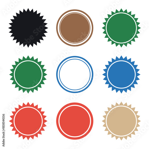 A collection of assorted circular and starburst-shaped badges or seals in various colors.