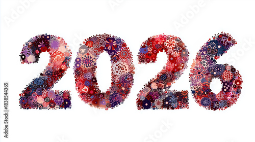 2026 is made with a red and purple random pattern isolated on a white background.