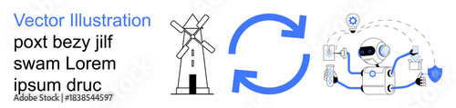 Renewable energy, automation, artificial intelligence, robotics, sustainability, eco-technology. Windmill icon with arrows, robot managing connected tasks. Renewable energy and automation concepts