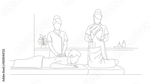 Line art illustration depicts a thai massage session with a therapist and a client