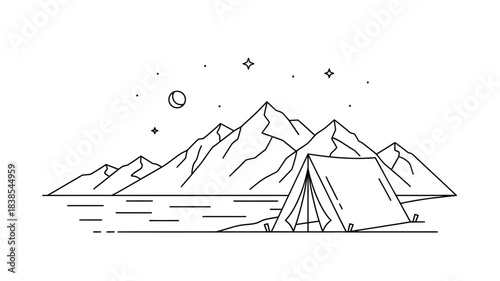 A simple line drawing showcases a tent nestled before mountains under a starry night sky