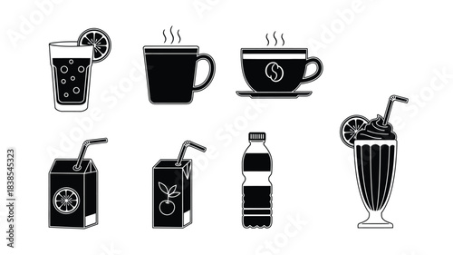 A selection of black and white beverage icons depicting drinks with varying presentations