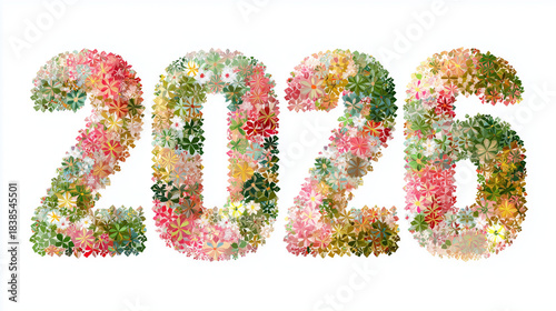 2026 is made with a pink, green, and yellow tessellation pattern isolated on a white background.