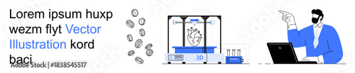 Engineering, medical innovation, educational tools, scientific research, biotechnology, technology application. Worker at desk, 3D printer with heart model and laboratory items. Medical innovation