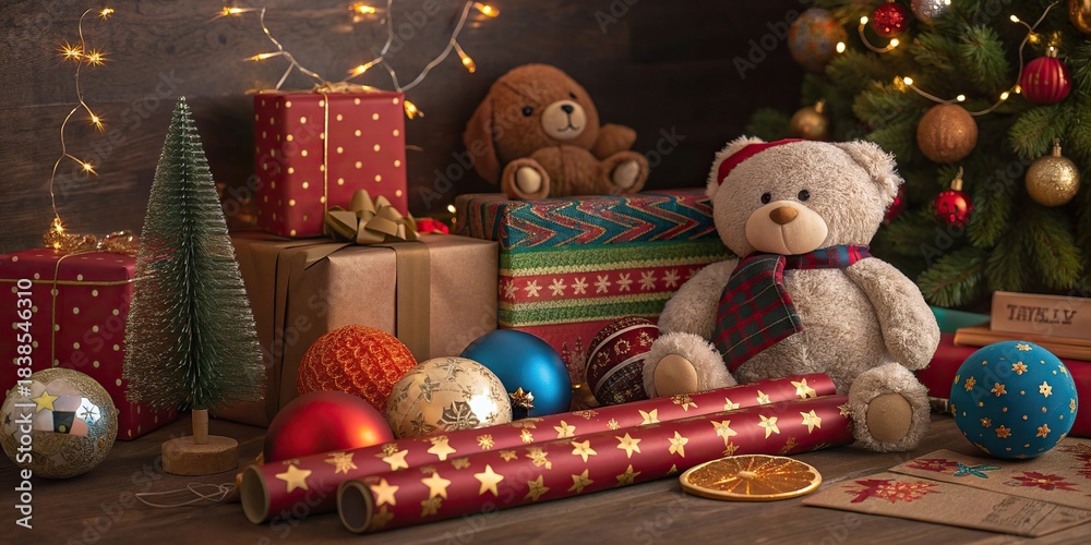 Fototapeta premium Christmas teddy bear with gift box full of colorful ornaments. Christmas background.
