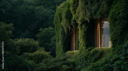 A modern eco-home façade wrapped in deep-green ivy, smart windows peeking through the foliage as sunlight creates dappled shadows inside — sustainable design, biophilic living, and green home
