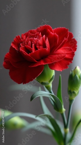 Red carnation flower blooms in a simple vase with green buds at home during daylight hours in a bright setting