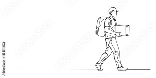 Continuous one line of a delivery worker with package, representing service, logistics, and efficiency, hand drawn vector illustration.