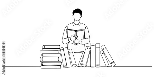 Continuous one line of a librarian with books,symbolizing knowledge, education, and culture, hand drawn vector illustration.