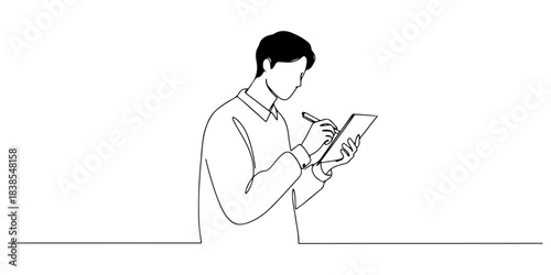 Continuous one line of a journalist with notepad, representing truth, news, and communication, hand drawn vector illustration.