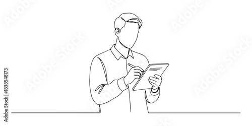 Continuous one line of a journalist with notepad, representing truth, news, and communication, hand drawn vector illustration.