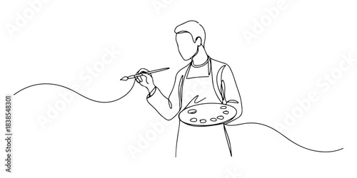 Continuous one line of an artist with paintbrush, symbolizing creativity, expression, and passion, hand drawn vector illustration.