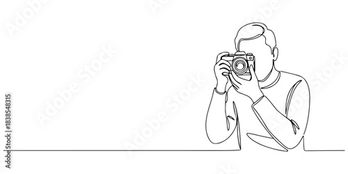 Continuous one line of a photographer with camera, symbolizing vision, creativity, and storytelling, hand drawn vector illustration.