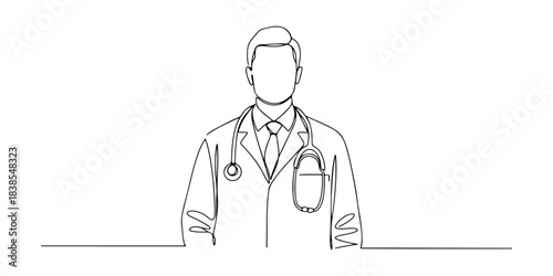 Continuous one line of a doctor with stethoscope, symbolizing healthcare, care, and professionalism, hand drawn vector illustration.