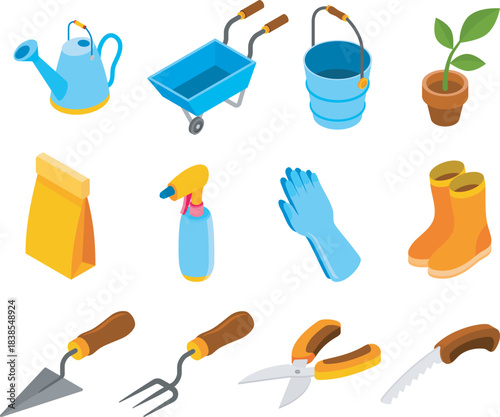 A vibrant isometric collection of essential gardening tools and supplies for planting, cultivating, and maintaining your outdoor space