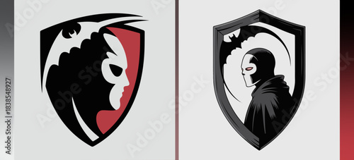 Vampire crest logos with hooded mask profile and bat shapes, dark gothic shield badges; sinister horror emblem set for Halloween branding and esports teams