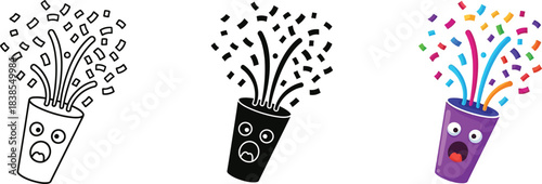 Surprised cartoon confetti popper exploding with colorful streamers and paper pieces, isolated on