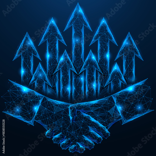 Digital growth partnership. The handshake above which the growth arrows are located. The concept of cooperation, innovative development and technological progress. Polygonal design, blue background.