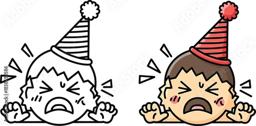 Crying child wearing a party hat, distressed expression, shouting or screaming, isolated on