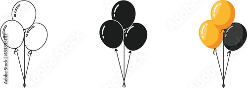 Set of three balloons icons outline, solid black, and colored yellow and black isolated on