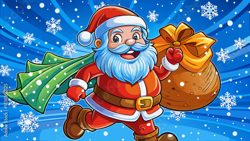 Very beautiful cheerful winter scene showing Santa Claus running through snowfall with a large gift bag, creating a joyful holiday atmosphere perfect for seasonal posters and festive illustrations.