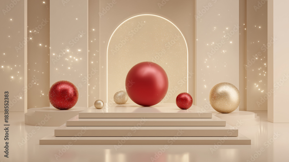 Naklejka premium Elegant Christmas Sphere Decorations in Minimal Golden Interior with Sparkling Lights