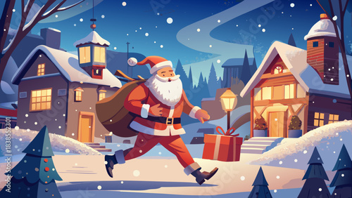Very beautiful cheerful winter scene showing Santa Claus running through snowfall with a large gift bag, creating a joyful holiday atmosphere perfect for seasonal posters and festive illustrations.
