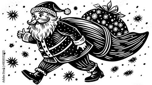 Very beautiful cheerful winter scene showing Santa Claus running through snowfall with a large gift bag, creating a joyful holiday atmosphere perfect for seasonal posters and festive illustrations.