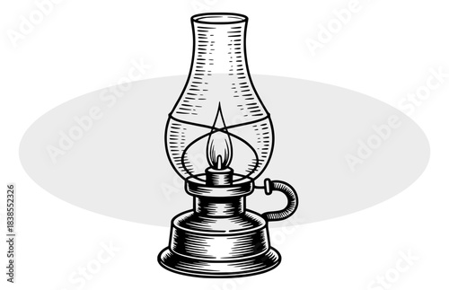 Kerosene oil lamp vintage engraving style drawing old antique light source black line art