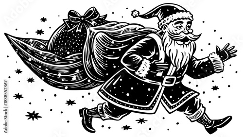 Very beautiful cheerful winter scene showing Santa Claus running through snowfall with a large gift bag, creating a joyful holiday atmosphere perfect for seasonal posters and festive illustrations.