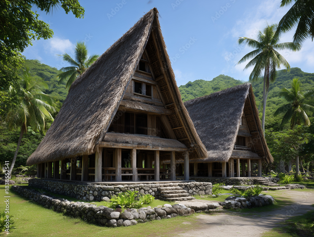 Fototapeta premium Traditional polynesian huts with thatched roofs surrounded by tropical nature