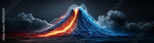 Volcanic power unleashed concept, Erupting volcano with glowing lava and electric energy in background