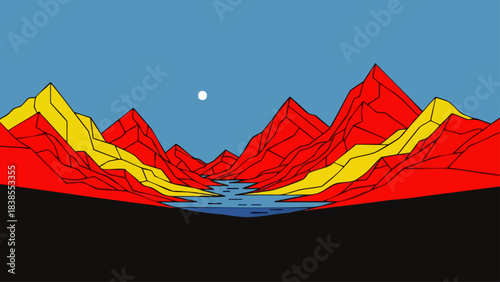 Vibrant abstract landscape depicts a winding river flowing through stylized red and yellow mountains under a clear blue sky.