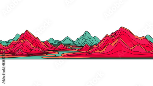 Abstract colorful mountain range with winding rivers and a serene landscape, evoking a sense of adventure and natural beauty.