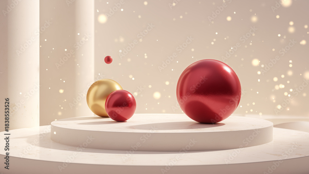 Naklejka premium Minimal Red and Gold Christmas Ornaments on Elegant Marble Podium with Soft Sparkling Lights